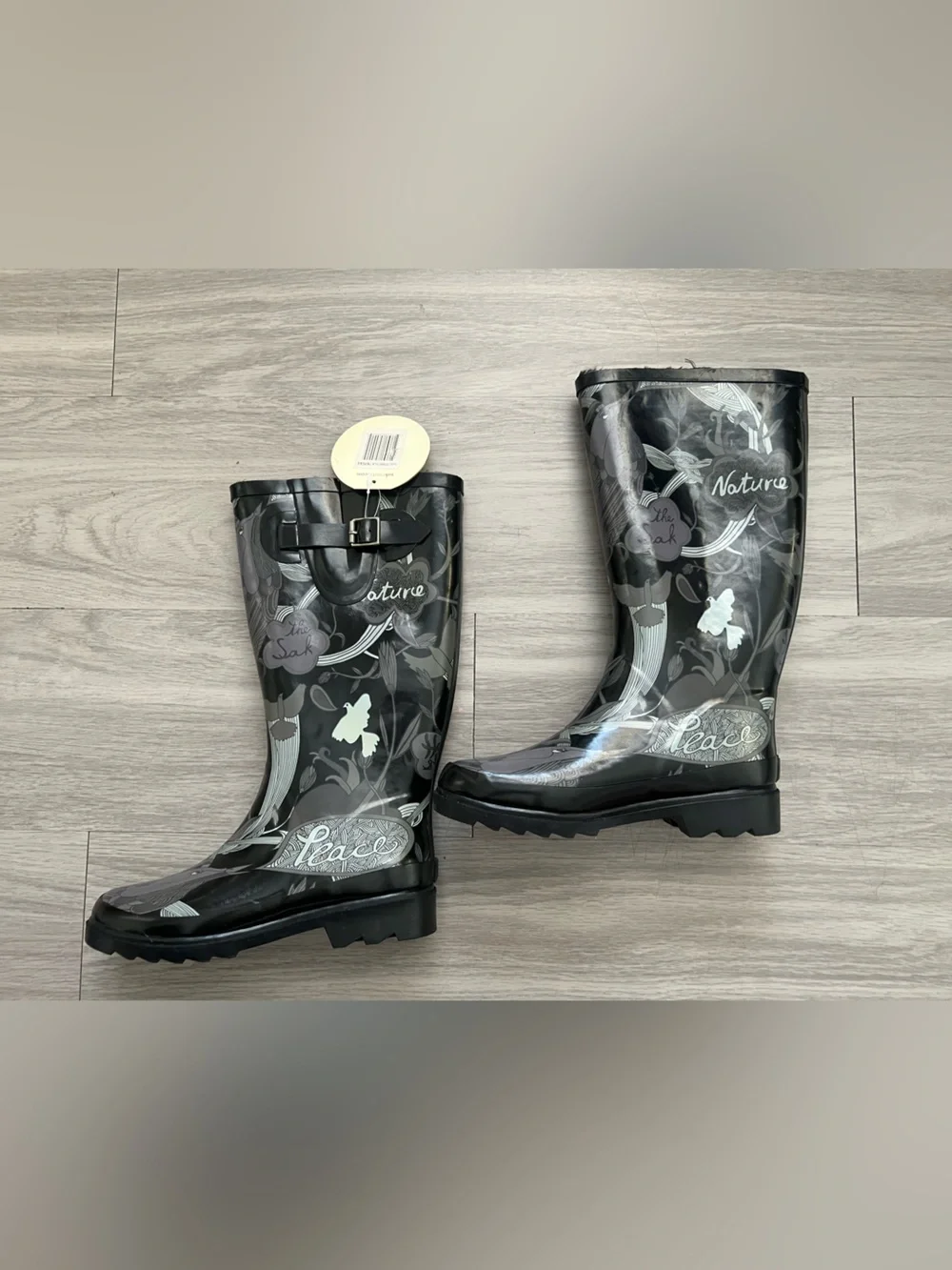 Sakroots Black Floral Rain Boots Size 6 Waterproof Rubber Buckle Mid-Calf